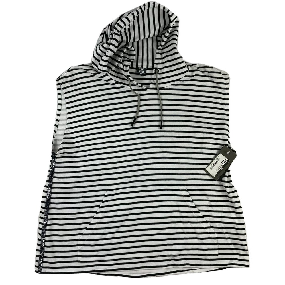 Eleventy White Blue Striped Cotton Sleeveless Hoodie Sequin Trim Size M NWT